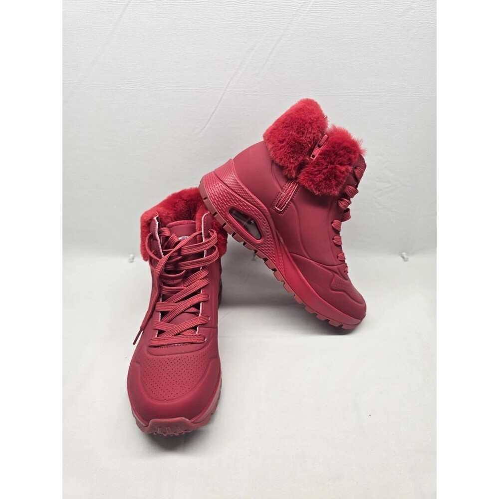 Skechers Uno Rugged Fall Air Women Boots Size 8.5 Red Faux Fur High Top 167274